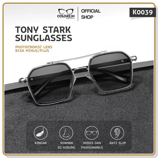 Colore.in Kacamata Tony Stark Photocromic Minus Anti Blueray Radiasi Wanita Pria 2 in 1 Bluecromic Anti Silau Aviator Metal+TR-90
