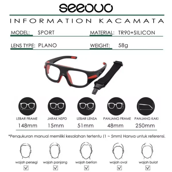 Seeouo Frame Kacamata Olahraga Sport Glasses Basket, Voli Plano Lens Bahan TR90+Silicone Kokoh Bisa Minus Pria Wanita 036 - Image 2