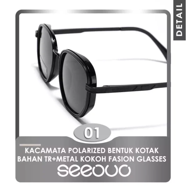 Seeouo Sunglasses Polarized UV Protection Model Kotak Anti Silau Metal+TR90 Fashion Stylish Unisex Pria Wanita 6015 - Image 3