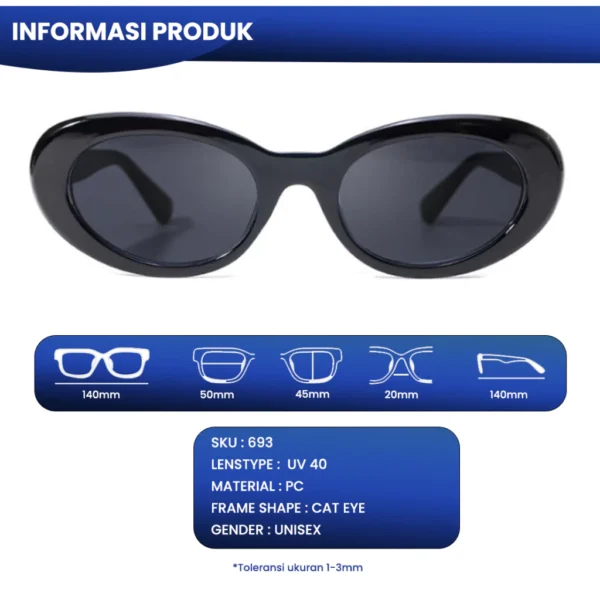 IOOI Eyewear - Kacamata Oval Cat Eye Hitam Sunglasses Vintage Anti UV Pria Wanita 693 - Image 4