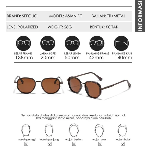 Seeouo Sunglasses Polarized UV Protection Model Kotak Anti Silau Metal+TR90 Fashion Stylish Unisex Pria Wanita 6015 - Image 8