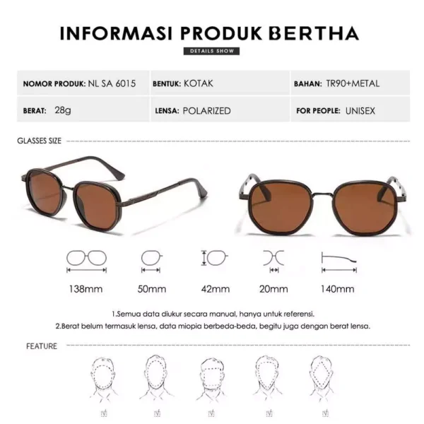 Bertha Kacamata Sunglasses Polarized Style Kotak Bahan TR90+Metal Kokoh Fashion Pria Dan Wanita TerBaru 6015 - Image 5