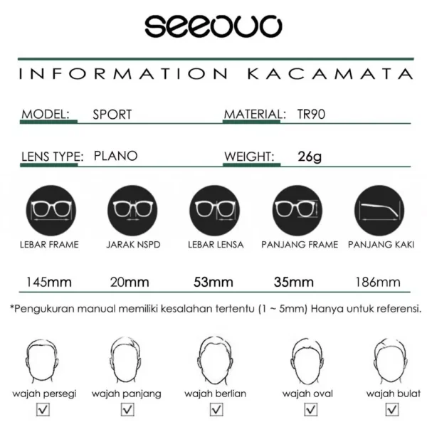 Seeouo Frame Kacamata Sport Olahraga Basket, Futsal, Voli Model Kotak TR90+Silicone Bisa Minus Pria Wanita 050 - Image 8