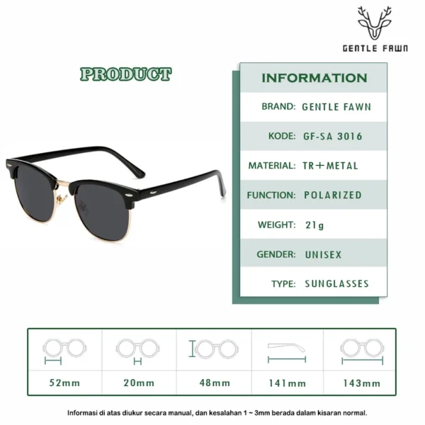 Gentle Fawn Kacamata Hitam Sunglasses Polarized Style Kotak Tr+Metal Model Club Master Fashion Pria Wanita 3016 4246 - Image 5